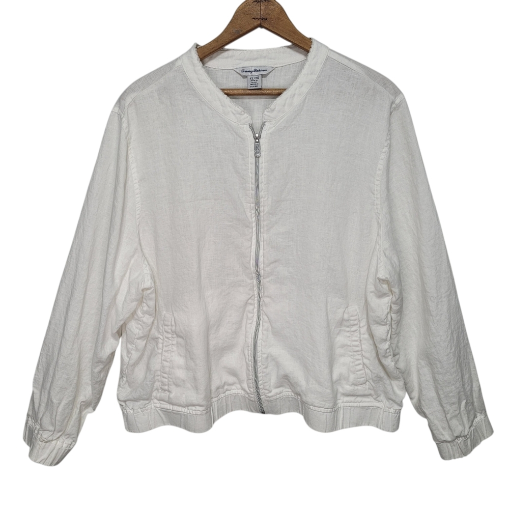 Tommy Bahama Linen Bomber Jacket Women's Size XL Embroidered Tropical Floral